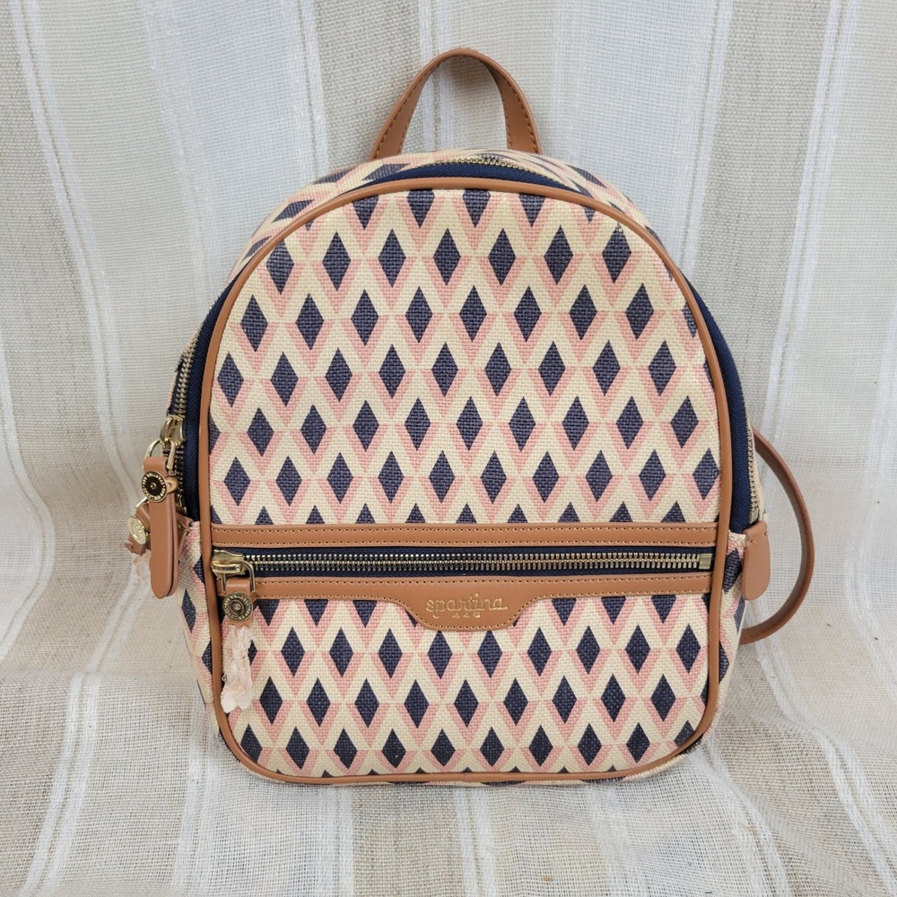 Spartina 449 Chloe Backpack Natural Linen Genuine Leather Pink Tan Neutral